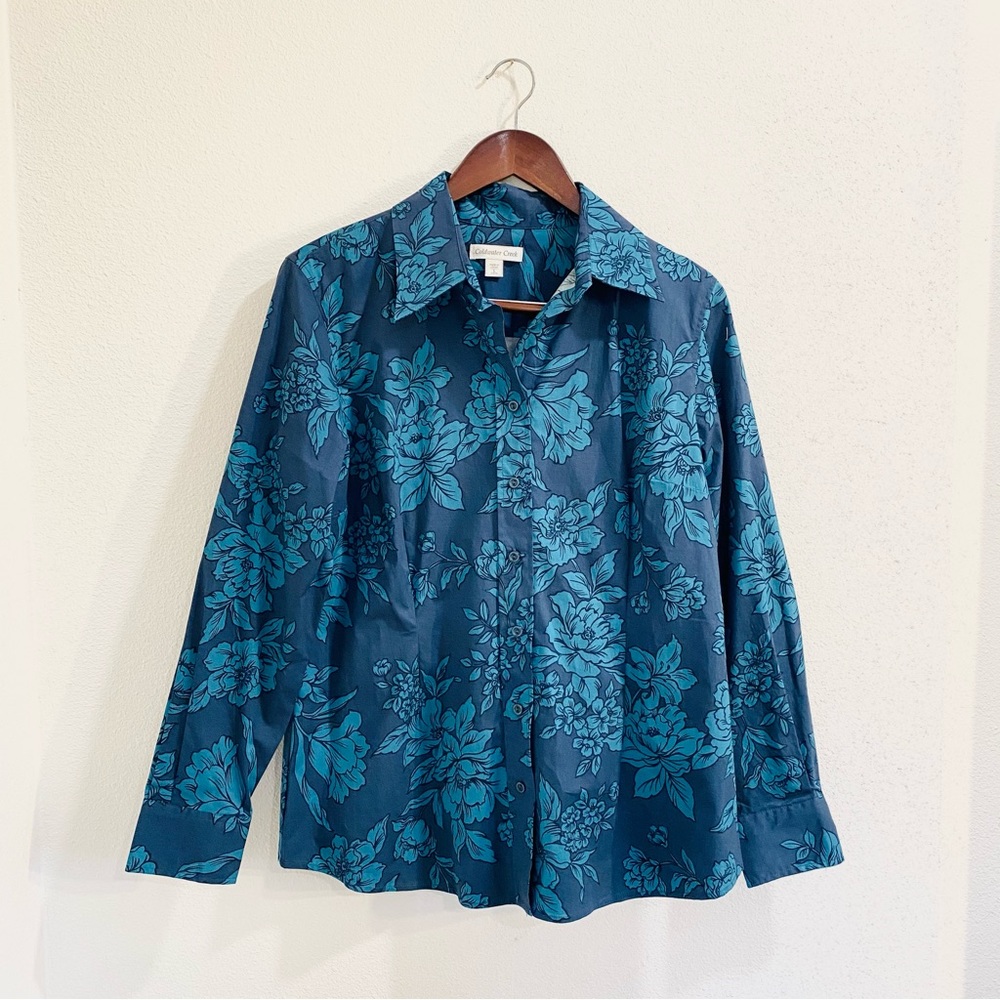 Coldwater Creek L Long Sleeve Top Blue Floral Button Up